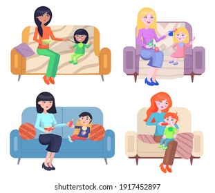 Conjunto de ilustraciones sobre el tema de las madres que alimentan a los niños. Mujer con hijos con licencia de maternidad. Cómo cuidar la ilustración vectorial plana del niño. Mamá está sentada en un sofá al lado de su bebé