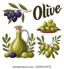 Un conjunto de ilustraciones sobre el tema de las aceitunas. Una rama de aceitunas negras, aceitunas verdes, un plato de aceitunas, aceite de oliva y la inscripción Oliva. Todas las Imágenes se hacen en el mismo estilo y esquema de color.