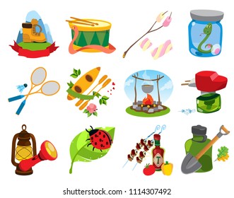 A set of illustrations on the theme of outdoor activities in nature. Things and equipment for tourism. Healthy lifestyle.