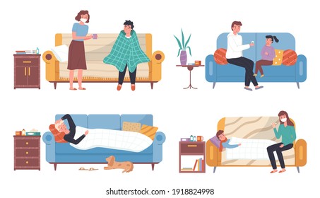 Set of illustrations on the theme of parents give medicine to children. People get the flu. Cartoon characters are having a cold and lying on the sofa. Sick take pills and medicines to heal