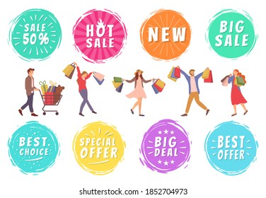 Set of illustrations on the theme of people during the sale. People with packages with purchases in their hands. Group of characters buying gifts fot holiday. Special offer and best choice of goods
