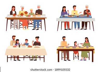 Set of illustrations on the theme of people having a family dinner in the traditional styles of the countries of the world. Cartoon characters in national costumes taste dishes vector illustration