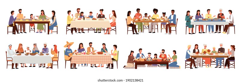 Set of illustrations on the theme of people eating. Dishes of world cuisines on the table. Families spend time together and socialize during dinner. Ethnic features of cuisines of different nations