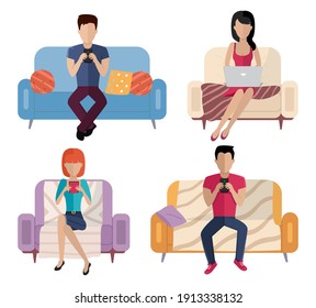 Set of illustrations on the theme of people surfing the internet. Characters sit with electronics. Teenagers are chatting with smartphones. Female freelancer is working from home with a laptop