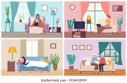 Set of illustrations on the theme of people feel bad at home. Characters sick with flu sit in the apartments. Pastime and entertainment during illness on self-isolation flat vector illustration