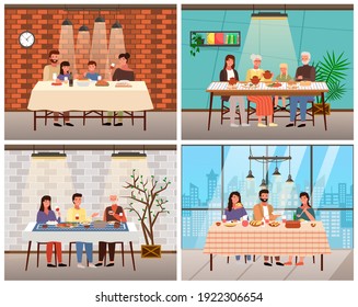 Set of illustrations on the theme of people have dinner in the restaurants in traditional styles. Parents and their children eat national dishes in the cafe. Dining table with different food.