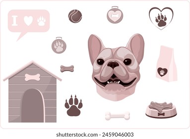 Set of illustrations on the theme of pet, care and games with it
