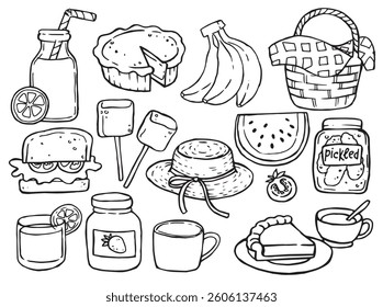 set of illustrations on the theme of picnic, food. cute doodle drawings