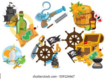 Poner ilustraciones sobre el tema de los piratas. Personajes y objetos de caricatura de cuento de hadas. pícaros y trofeos.