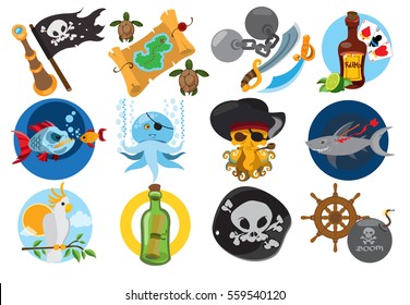 Set illustrations on the theme of pirates and marine inhabitants. Fairy-tale cartoon characters and objects. Rogues and trophies.