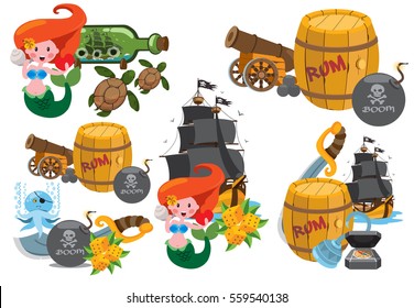 Set illustrations on the theme of pirates and marine inhabitants. Fairy-tale cartoon characters and objects. Rogues and trophies.