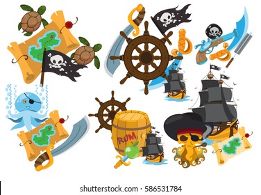 Set illustrations on the theme of pirates and marine inhabitants. Fairy-tale cartoon characters and objects. Rogues and trophies.