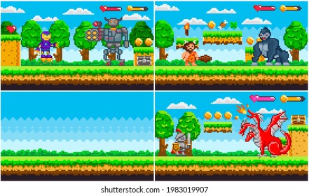 Set of illustrations on theme of pixel game, arcade about fights. Robots, cavemen and animals fight. Pixel game background with items collected during gameplay. Pixelated interface with characters