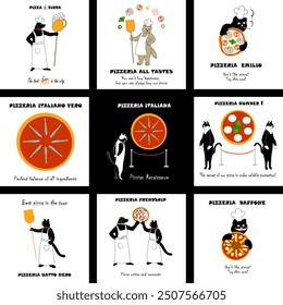 Set of illustrations on the theme of pizza and pizzeria
