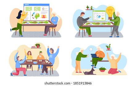 Set of illustrations on the theme of playing board game. Group of people is working from home with travel guide on the background. Man holding a light bulb in his hands. Freelance girls with laptop