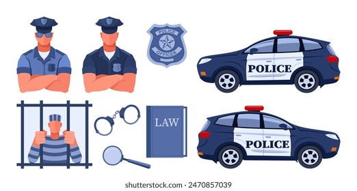 Eine Reihe von Illustrationen zum Thema Polizei und Kriminalität. Ein Polizist in Uniform in der Nähe eines Polizeiautos, in gestreifter Uniform verhaftet, hinter Gittern im Gefängnis. Handschellen, Lupe und Gesetzbuch.