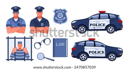 A set of illustrations on the theme of police and crime. A policeman in uniform near a police car, arrested in a striped uniform, in prison behind bars. Handcuffs, magnifying glass and book of laws.