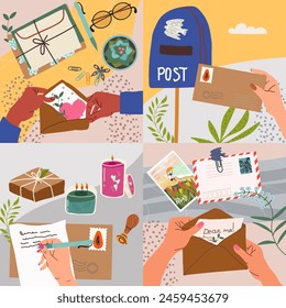 Set of illustrations on the theme of postal poisoning, envelopes, mail boxes, pigeon, hands with envelope. Post cards, postage stamps, letters made of kraft paper. Hand drawing isolated illustration. 