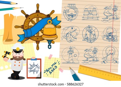 Set of of illustrations on the theme of the sea for the design of advertising bulletins coastal hotels and various services for tourists. Resorts and marine travel on the ship.