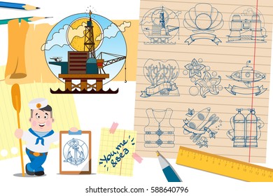Set of of illustrations on the theme of the sea for the design of advertising bulletins coastal hotels and various services for tourists. Resorts and marine travel on the ship.