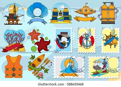 Set of of illustrations on the theme of the sea for the design of advertising bulletins coastal hotels and various services for tourists. Resorts and marine travel on the ship.