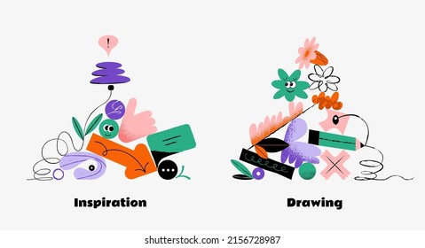 Set of illustrations on the theme of the search for ideas and inspiration. Collection of piled up objects icons of pencils of abstract shapes and shapes. 