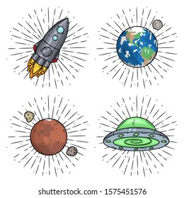 Set of illustrations on the theme of space - rocket, planet earth, Mars and a flying saucer