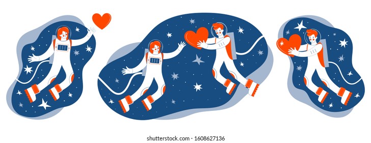 Set of illustrations on the theme of space. Astronauts fly in outer space among the stars. A man gives his heart to a woman. Сard or banner for Valentine's day. Cosmic love. Colors are red and blue