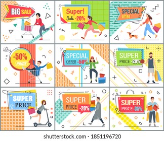 Set of illustrations on the theme of special offer and discounts. People with purchases in the store. Girls and boys going shopping. Advertising and marketing in the background. Super price and sales
