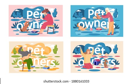 Set of illustrations on the theme of spending time with animals. Pet owners spend time at home with his domestic animals. The woman is feeding the dog. A guy and a girl are training a cat and a puppy