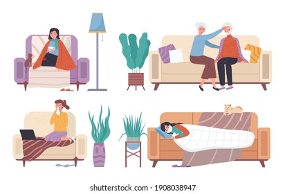 Set of illustrations on theme of spending time on self-isolation during illness. Wife puts her hand to husband's forehead to measure his temperature. Characters having cold and lying in bed