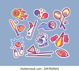 A set of illustrations on the theme of sports. It includes various sports equipment. Such as: badminton, table tennis, basketball, figure skating, rugby, billiards, bowling, basketball, football, ets.
