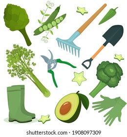   a set of illustrations on the theme of spring and garden plantings. Garden tools with vegetables grown in the garden