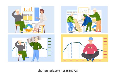 Set of illustrations on the theme of statistcs indicators. Group of people isplaying with cards and console. Guy is sitting with a gamepad in his hands. Pie charts in background. Data analysis concept