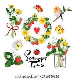 Set of illustrations on the theme of summer. Dandelions, strawberries, butterflies, a bird and a ladybug. Bright vector set on a white background.