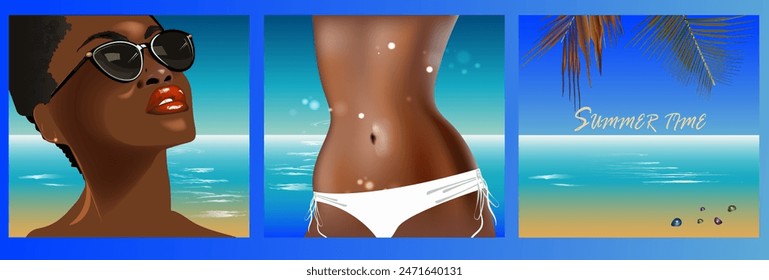 Set of illustrations on the theme of summer vacation. Sea, sun and beautiful girls
