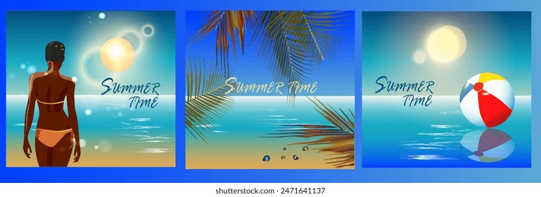 Set of illustrations on the theme of summer vacation. Beach, palm trees and lots of sunshine
