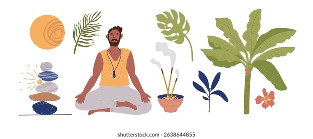 Set  illustrations on theme of summer vacation . Meditating man, tropical plants, the sun, a bowl of incense, sea stones. Vector illustration on a white .Isolated