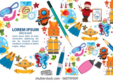 Set of illustrations on the theme of summer. Items for diving and marine inhabitants.