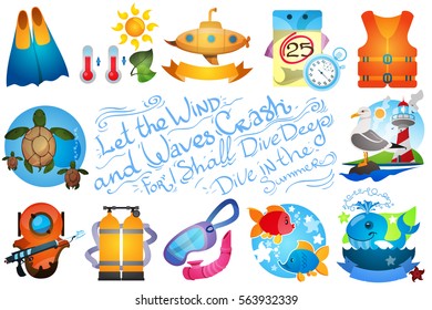 Set of illustrations on the theme of summer. Items for diving and marine inhabitants.