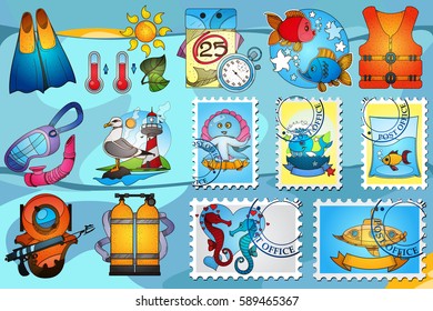 Set of illustrations on the theme of summer. Items for diving and marine inhabitants.