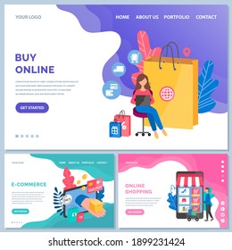 Set of illustrations on the theme of website design for internet sale and online shopping. App for contactless payment and ordering goods with delivery. E-commerce, online shopping and payment concept