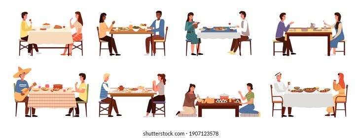 Set of illustrations on the theme of world cuisines tasting. Couples on dates isolated on white background. People communicate and spend time together. Characters are eating national dishes