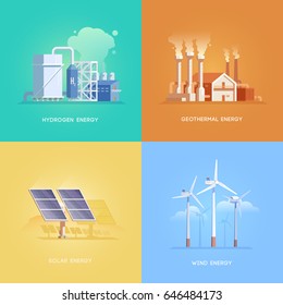 Set of illustrations on the themes of alternative energy, solar, wind, geothermal and hydrogen energy. Vector illustrations.