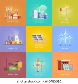 Set of illustrations on the themes of alternative energy, nuclear, hydro, biomass, tidal, solar, wind, geothermal, hydrogen and wave energy. Vector illustrations.