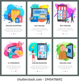Set of illustrations on the topic applications for phone. Methods of payment, choosing goods online