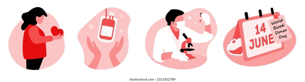 A set of illustrations on the topic of blood donation. Donate blood, save a life. June 14th. Blood type. World Blood Donor Day. Vector illustration