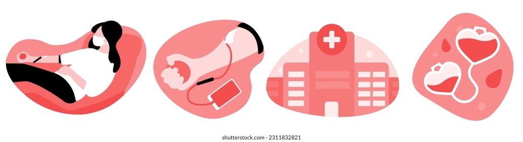 A set of illustrations on the topic of blood donation. Donate blood, save a life. June 14th. Blood type. World Blood Donor Day. Vector illustration