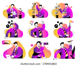 A set of illustrations on the topic of business. Concept vector illustration with a businessman. Images in the outline style in neon color scheme.