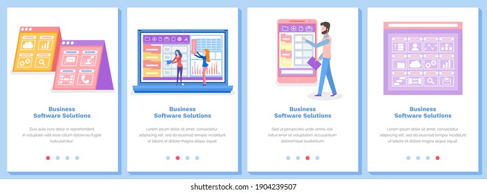 Set of illustrations on the topic of business software solutions. Website landing page template. Program for studying statistics. Business data analytics webpage mockup flat vector illustration